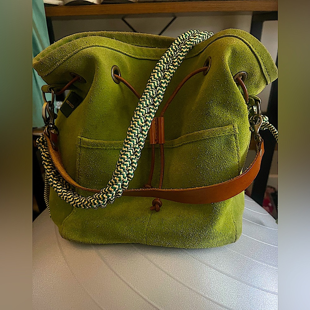 ParkerThatch Green Suede Morgan Bucket Bag with two straps